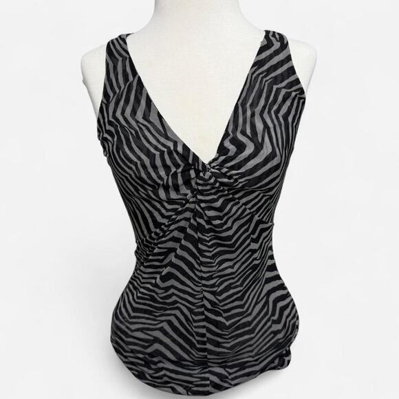 Y2K Express Zebra Print Mesh Ruched Tank Top Size M - Black and Grey Sleeveless - Picture 1 of 8